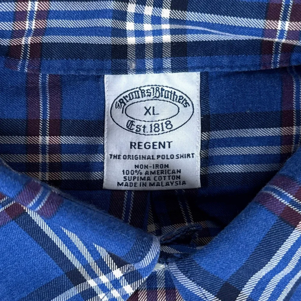 Brooks Brothers Shirt Mens XL Blue Plaid Supima Cotton Non-Iron Regent Preppy - Picture 3 of 7